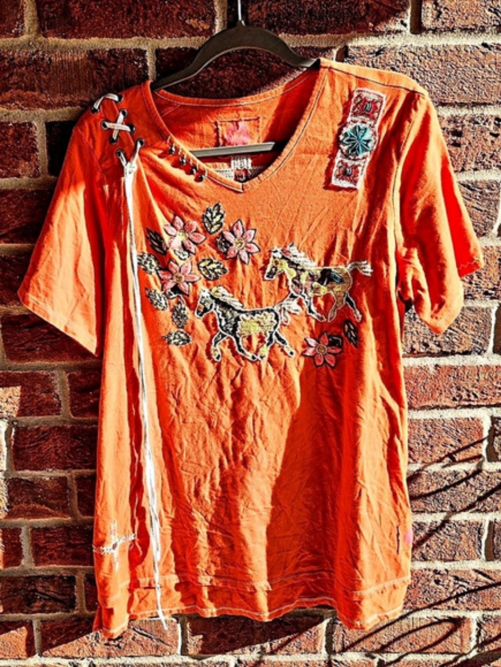 Double D Ranch Embroidered Lace-Up Tee in Orange Size XL
